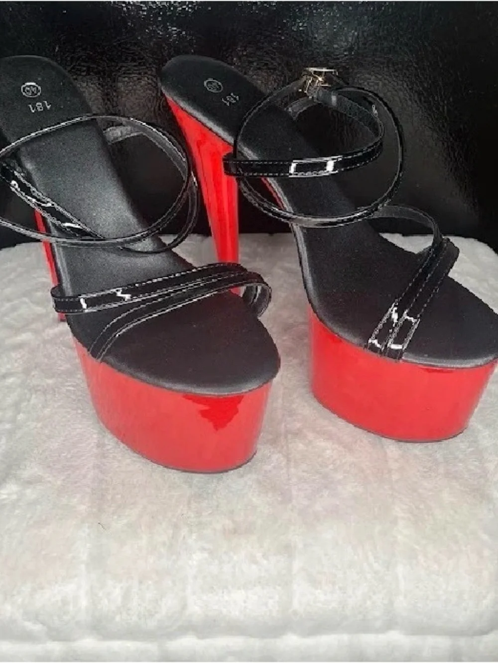 Black Strappy Platform Heels with Red Patent Platform